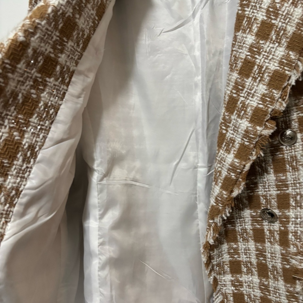 SHEIN Clasi Women's Plaid Brown and White Double Breasted blazer/jacket - Picture 4 of 6